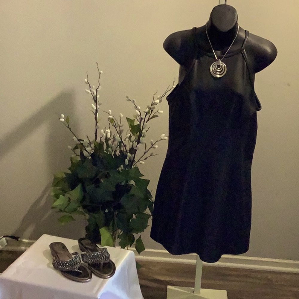 Black leather dress never worn .